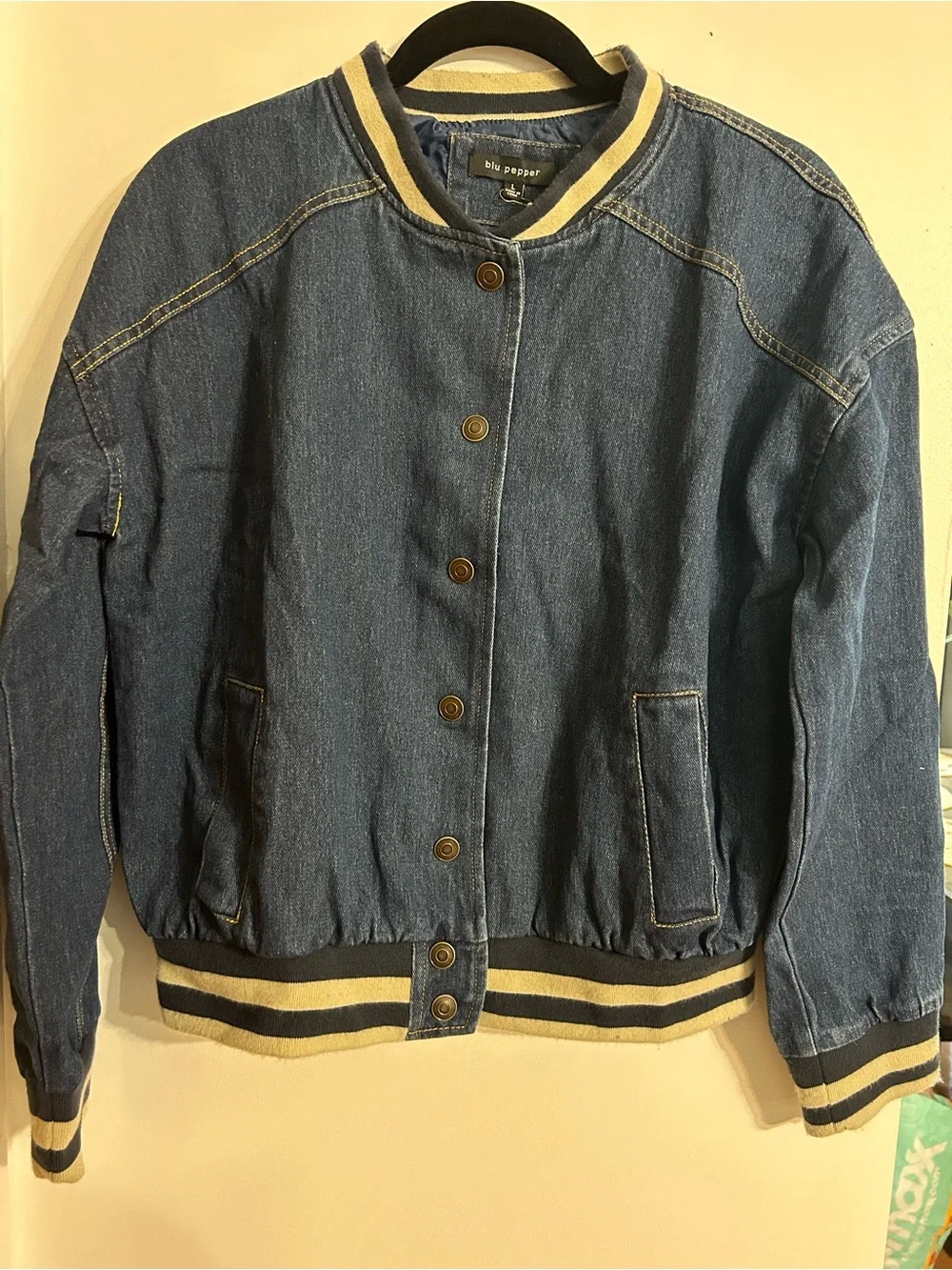 Blu Pepper Denim Bomber Jacket with Stripe Trim NWT